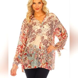 Johnny Was Cream Paisley & Floral Button-Front Blouse with Red and Blue Accents